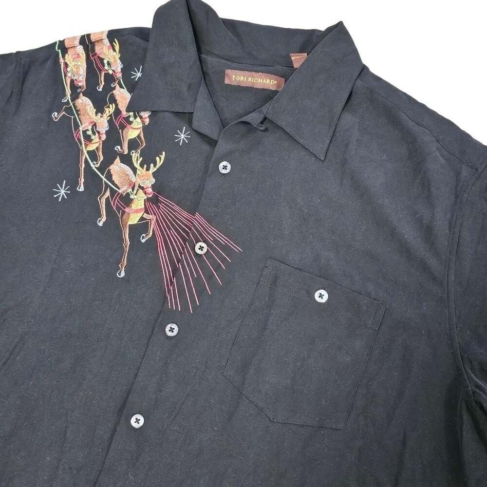 Tori Richard Silk Santa Reindeer Embroidered Christmas Shirt Men’s XL